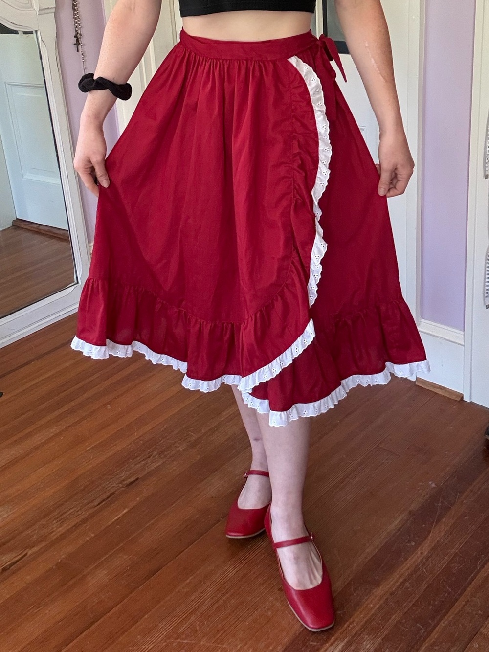 Vintage Red Ruffle-Trim Wrap Skirt